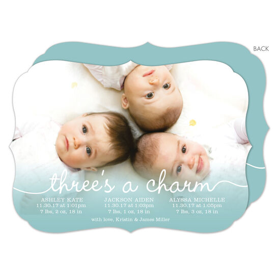 Lagoon Script Three's A Charm Triplets Photo Birth Announcements